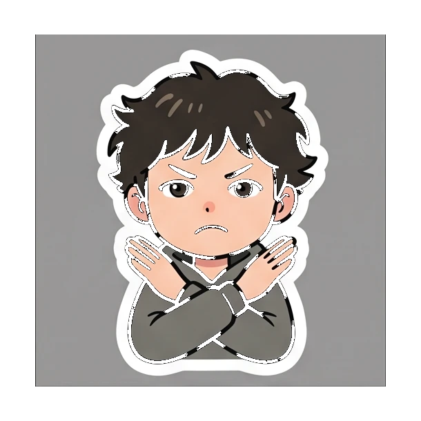Boy with braces crossing arms in rejection Cheerful Braces Boy sticker for expressive chats and social replies.