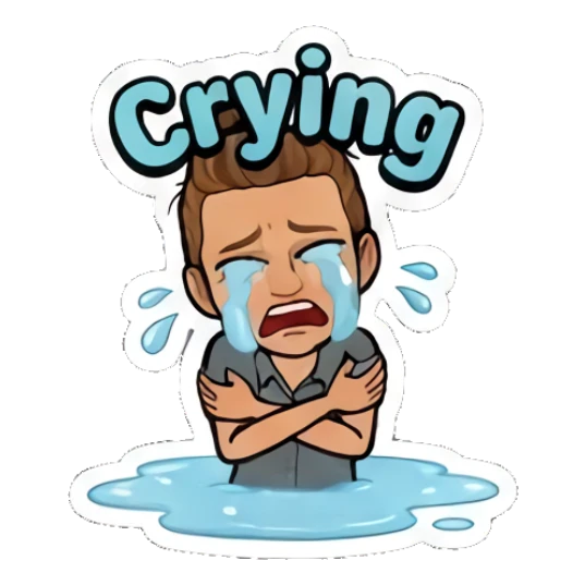Girl crying uncontrollably in a puddle with Crying text Retro Cartoon Girl Daily Life sticker for expressive chats and social replies.