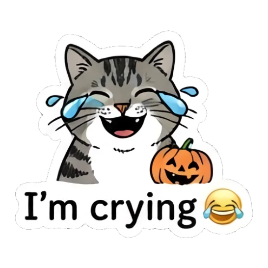 Crying tabby cat with pumpkin, text I'm crying Spooky Tabby Cat Adventures sticker for expressive chats and social replies.