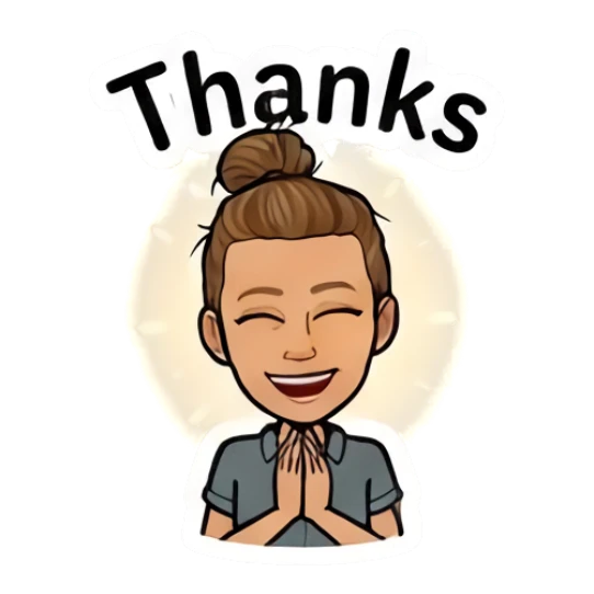 Girl with bun smiling with hands together, text Thanks Daily Moods of a Girl sticker for expressive chats and social replies.
