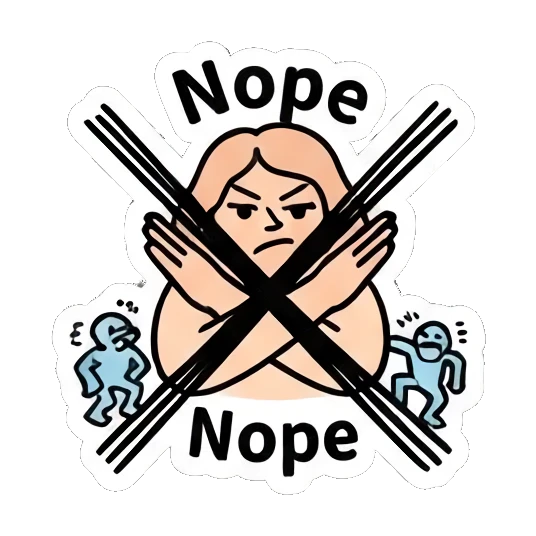 Girl crossing arms with firm rejection, text Nope Keith Haring Style Girl sticker for expressive chats and social replies.