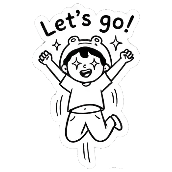 Girl in frog hat jumping with Let's go text Froggy Girl Doodles sticker for expressive chats and social replies.