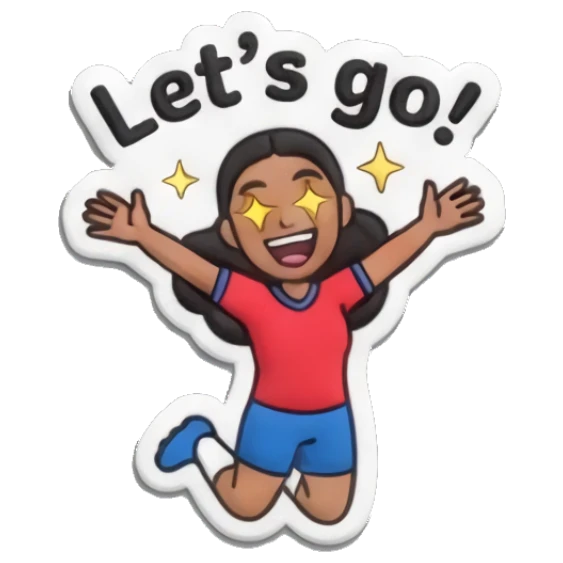 Girl jumping with excitement, Let's go text Sporty Girl Vibes sticker for expressive chats and social replies.
