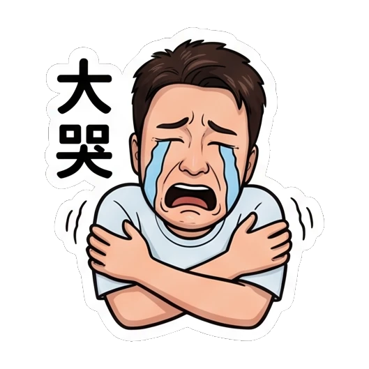 Man crying loudly, hugging himself, text '大哭' Everyday Life of a Friendly Guy sticker for expressive chats and social replies.