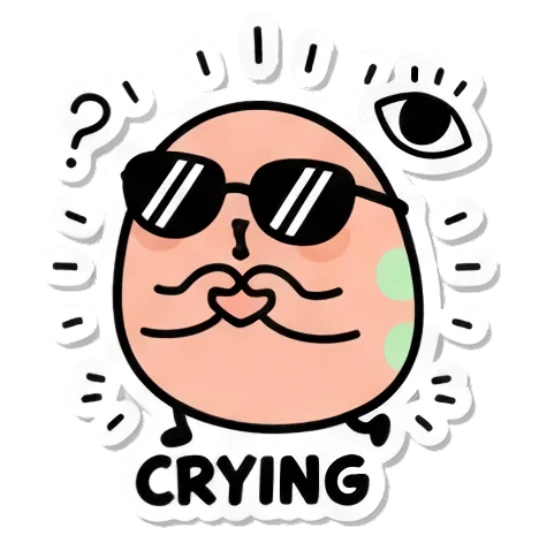 Crying egg with mustache and sunglasses Cool Egg Vibes sticker for expressive chats and social replies.