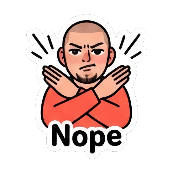 Dismissive buzz-cut man with crossed arms, text Nope. Buzz Cut Guy Daily Vibes sticker for expressive chats and social replies.