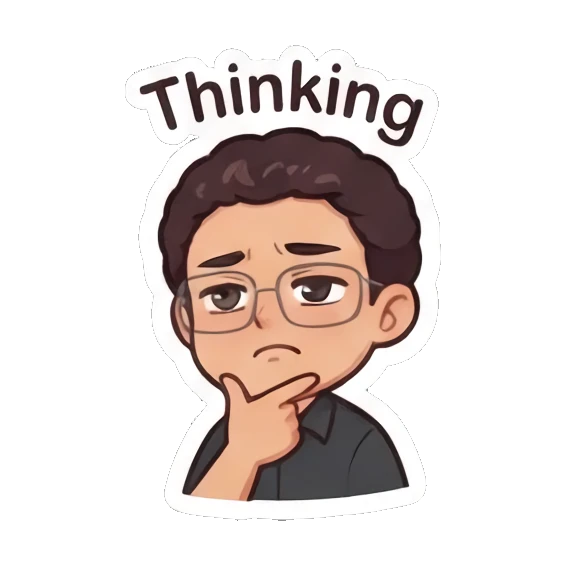 Curly-haired man thinking with a hand on his chin. Curly Haired Guy Expressions sticker for expressive chats and social replies.