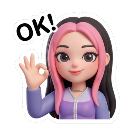 Trendy girl showing OK gesture with text OK Pink-Haired Trendy Girl sticker for expressive chats and social replies.