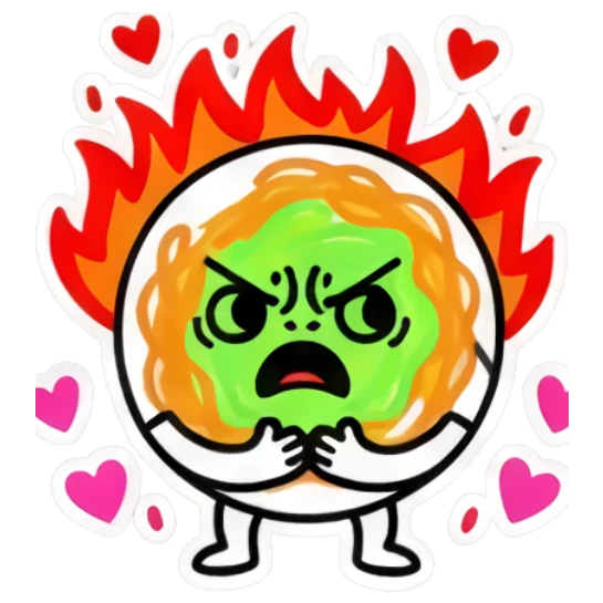 Angry noodle character surrounded by fire and hearts. Spicy Noodle Moods sticker for expressive chats and social replies.