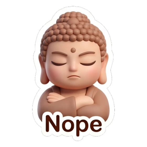 Little Buddha with eyes closed and arms crossed in a nope gesture. Zen Little Buddha Vibes sticker for expressive chats and social replies.
