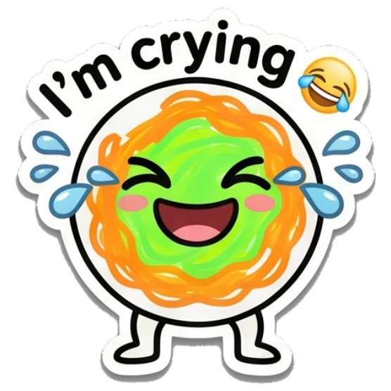 Happy laughing spaghetti character with 'I'm crying' text. Spaghetti Buddy Expressions sticker for expressive chats and social replies.