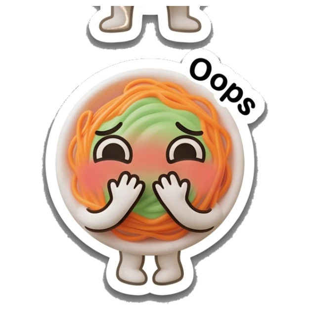 Spaghetti bowl blushing with hands on cheeks and 'Oops' text, embarrassed. Spaghetti Moods sticker for expressive chats and social replies.