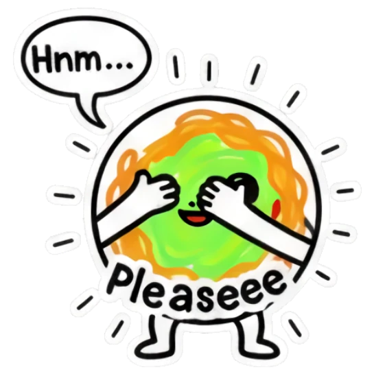 Shy noodle character covering eyes with 'Pleaseee' text. Spicy Noodle Moods sticker for expressive chats and social replies.