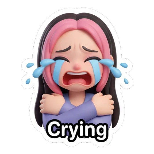 Crying girl hugging herself with text Crying Pink-Haired Trendy Girl sticker for expressive chats and social replies.