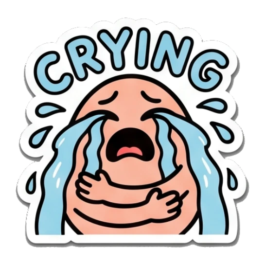 Sad egg character crying with blue tears and text CRYING. Egg-cellent Moods sticker for expressive chats and social replies.