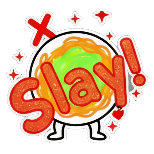 Spaghetti character posing confidently with 'Slay!' text. Spaghetti Doodle Pals sticker for expressive chats and social replies.