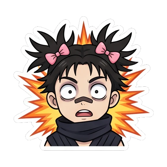 Ninja girl looking shocked with spiky hair glowing. Spiky Hair Ninja Girl sticker for expressive chats and social replies.