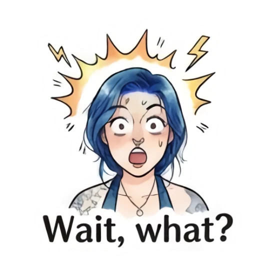 Blue-haired girl looking shocked with lightning background, text 'Wait, what?' Blue-Haired Artist Daily sticker for expressive chats and social replies.