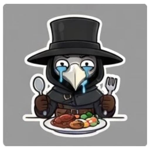 Plague doctor eating a meal with fork and spoon Plague Doctor Adventures sticker for expressive chats and social replies.