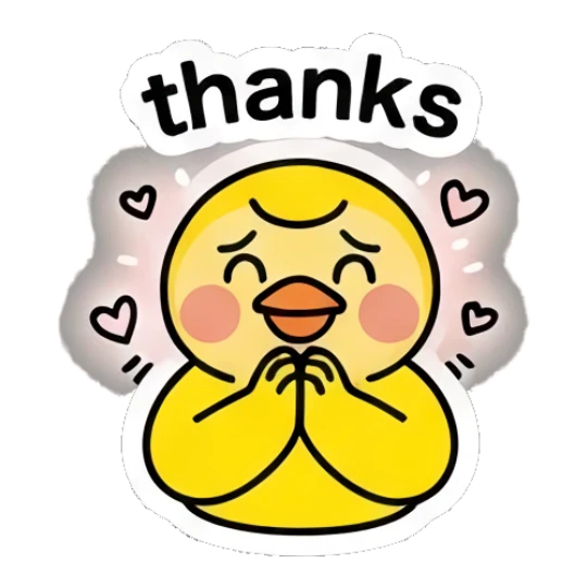 Yellow duck with hands together in gratitude with text 'thanks' Keith Haring Style Yellow Duck sticker for expressive chats and social replies.