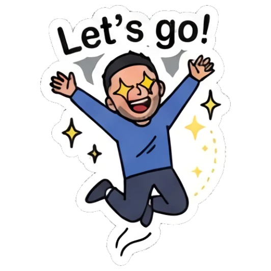 Young man jumping with excitement and star eyes, energetic. Daily Vibe Guy sticker for expressive chats and social replies.