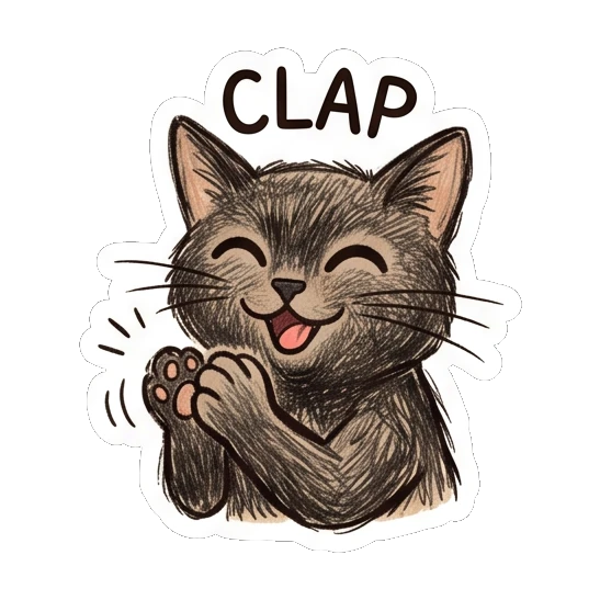 Happy black cat clapping hands with CLAP text Charcoal Sketch Kitties sticker for expressive chats and social replies.
