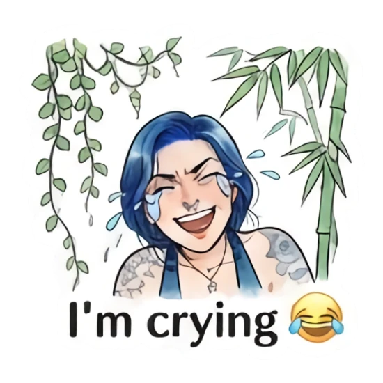 Blue-haired girl laughing while crying with bamboo, text 'I'm crying' Blue-Haired Artist Daily sticker for expressive chats and social replies.