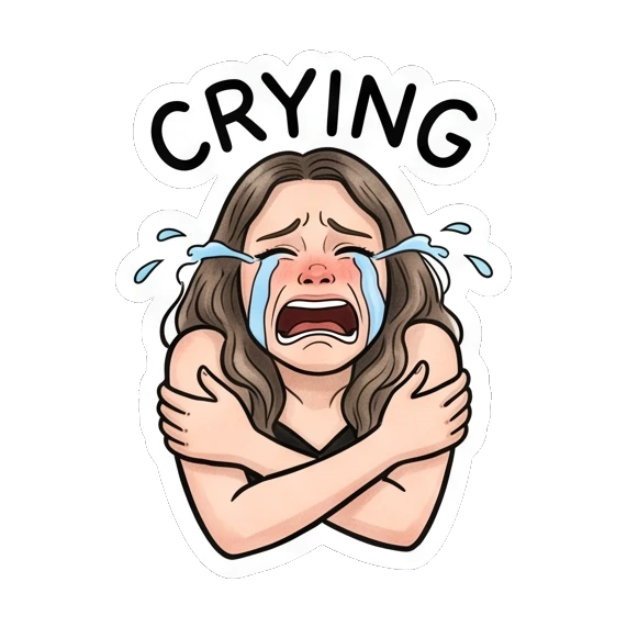 Sad girl hugging herself and crying, text CRYING Daily Moods of a Girl sticker for expressive chats and social replies.