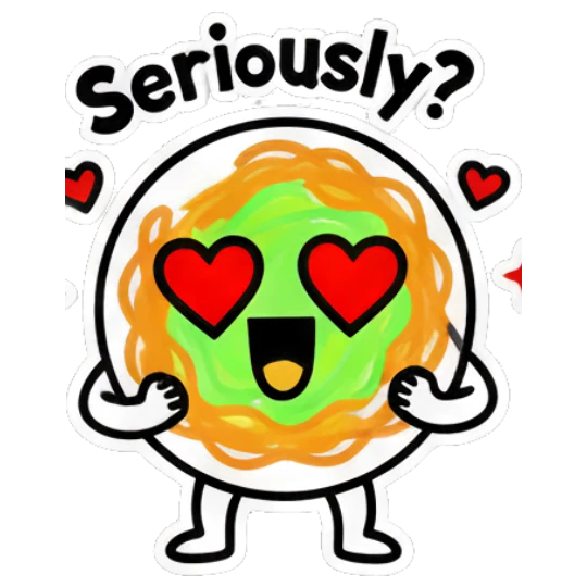 Noodle character with heart eyes and Seriously? text Noodle Buddy Vibes sticker for expressive chats and social replies.