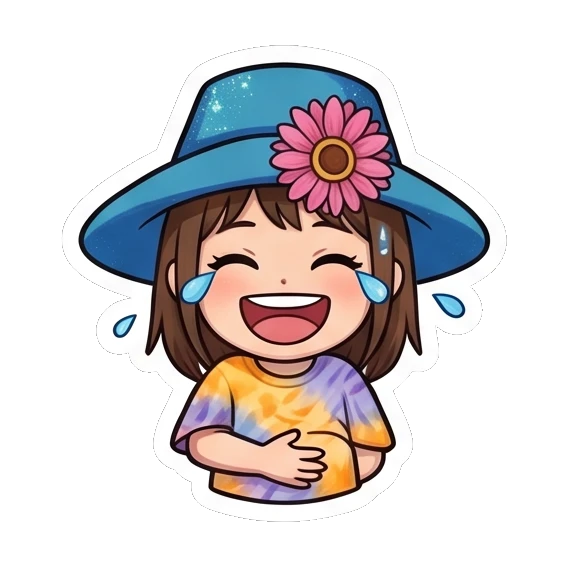 Girl in blue hat laughing heartily Summer Hat Girl Adventures sticker for expressive chats and social replies.