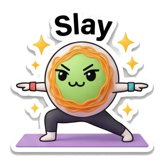Noodle character doing a yoga pose with glowing stars and text Slay Gym Noodle Buddies sticker for expressive chats and social replies.