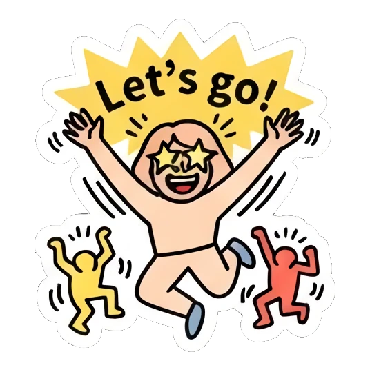 Girl jumping with star eyes, text Let's go Keith Haring Style Girl sticker for expressive chats and social replies.