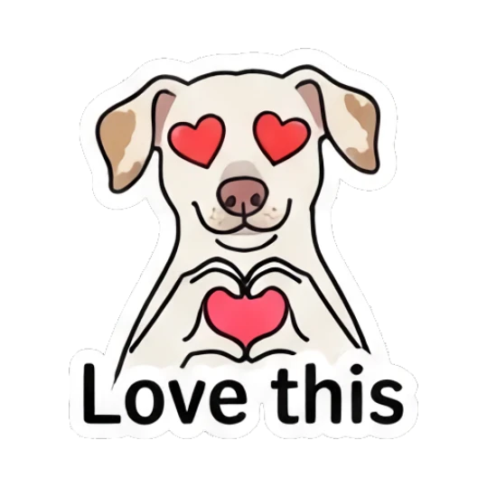 Loving puppy making a heart shape with hands and text Love this Playful Spotted Puppy Expressions sticker for expressive chats and social replies.