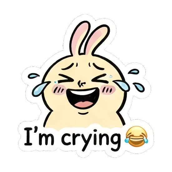 Happy laughing rabbit with tears of joy. Smart Bunny Daily Moods sticker for expressive chats and social replies.
