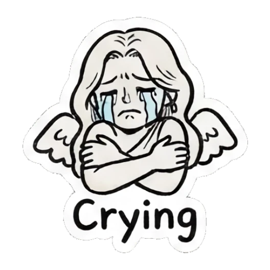Angel girl crying sadly with arms crossed. Little Angel Doodle Diary sticker for expressive chats and social replies.