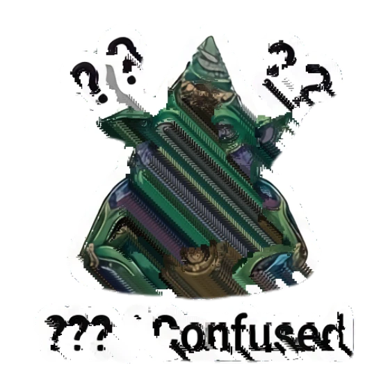 Green goblin looking confused with question marks Mystic Forest Goblin sticker for expressive chats and social replies.