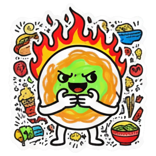 Circular food character angry with flames and 'SERIOUSLY?' text Doodle Foodie Vibes sticker for expressive chats and social replies.