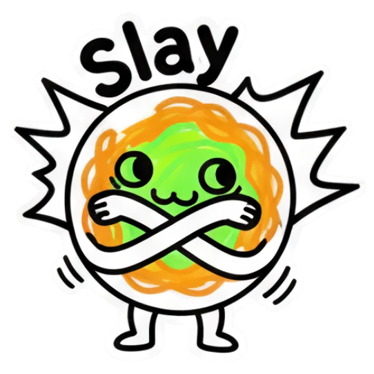 Noodle character posing confidently with 'Slay' text Noodle Doodle Pals sticker for expressive chats and social replies.