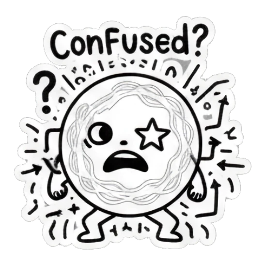 Round doodle character looking confused with a star and 'ConFused?' text. Doodle Doodle Expressions sticker for expressive chats and social replies.