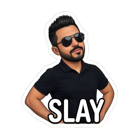 Man posing confidently with sunglasses, text SLAY Modern Man Daily Vibes sticker for expressive chats and social replies.