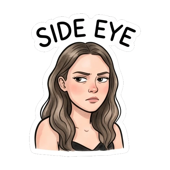 Skeptical girl giving a side eye, text SIDE EYE Daily Moods of a Girl sticker for expressive chats and social replies.