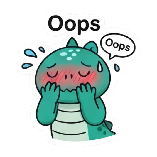 Embarrassed green dinosaur blushing and covering face with text Oops Dino Pop Expressions sticker for expressive chats and social replies.