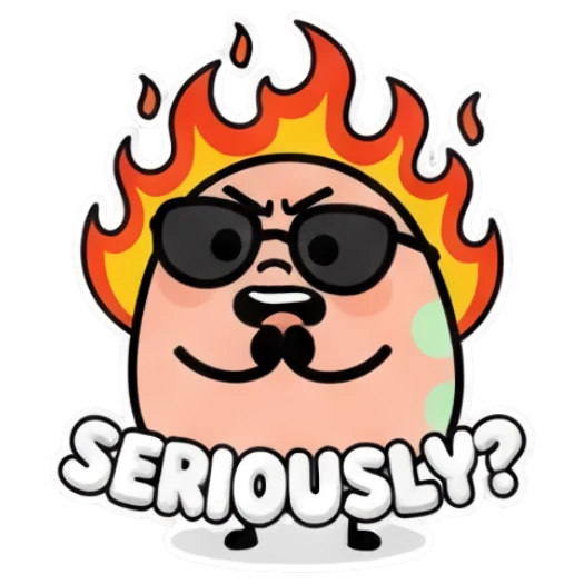 Egg character with fire background and sunglasses text SERIOUSLY Puffy Egg Pals sticker for expressive chats and social replies.