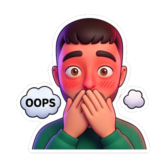 Guy looking embarrassed with hands over mouth and Oops text Cheerful Guy Daily Vibes sticker for expressive chats and social replies.