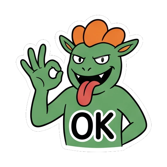Green goblin making an OK sign with tongue out, text OK Green Goblin Mischief sticker for expressive chats and social replies.