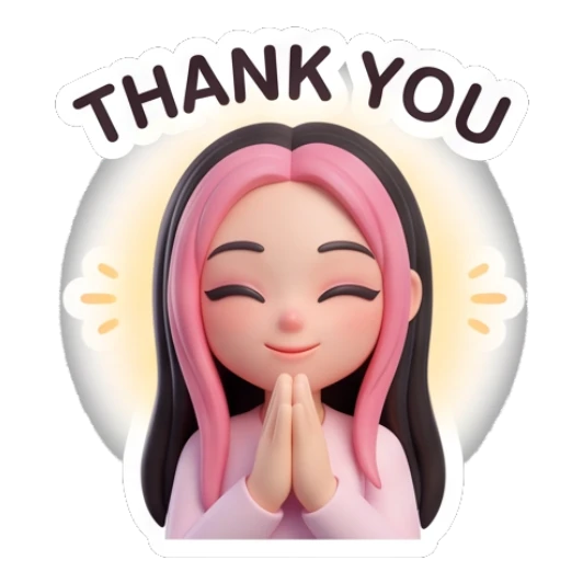 Girl with hands together in gratitude and text THANK YOU Pink-Haired Trendy Girl sticker for expressive chats and social replies.