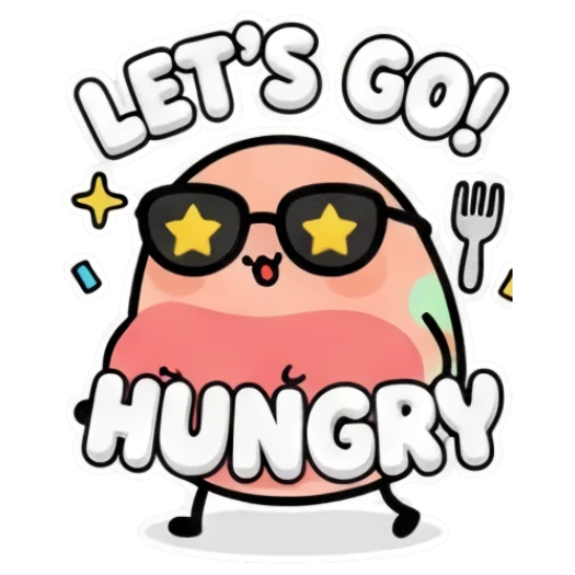 Egg character holding a fork with star glasses text HUNGRY Puffy Egg Pals sticker for expressive chats and social replies.