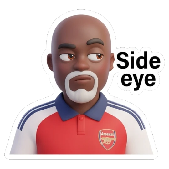 Man giving a skeptical side eye with text Side eye Arsenal Fan Emotions sticker for expressive chats and social replies.