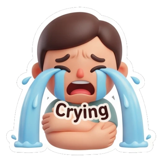 Sad boy crying with large blue tears and Crying text. Cute Boy Daily Expressions sticker for expressive chats and social replies.
