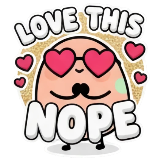 Egg character with heart-shaped eyes text NOPE Puffy Egg Pals sticker for expressive chats and social replies.